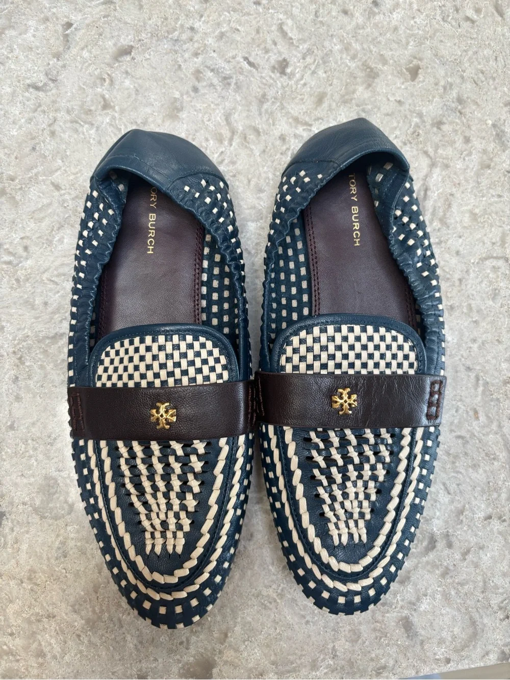 Tory Burch Navy Blue and Cream Woven Leather Loafers with Brown Strap